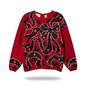 80s Northern Isles Hand Knit Ribbon Red Holiday Bow Sweater Medium Cottagecore